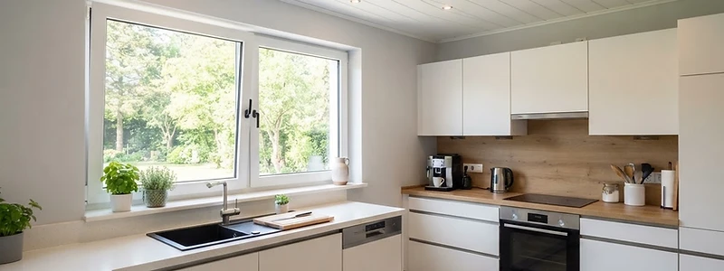 Cocina con cielo raso de paneles de PVC blanco y ventana de uPVC