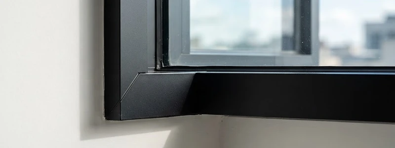 Detalle de esquina de ventana corrediza de aluminio con vidrio claro