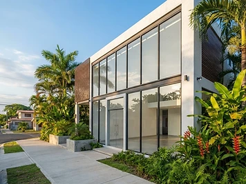 Fachada comercial de vidrio y aluminio para local de baja altura en contexto tropical