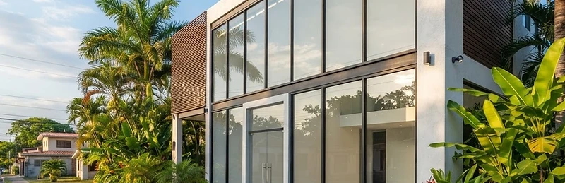 Fachada comercial de vidrio y aluminio para local de baja altura en contexto tropical
