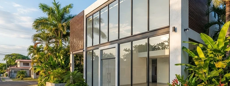 Fachada comercial de vidrio y aluminio para local de baja altura en contexto tropical