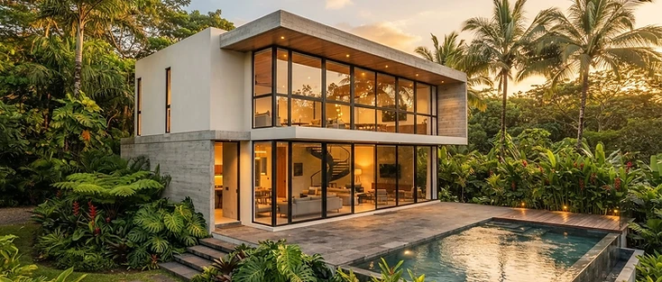 Vivienda moderna con ventanales de aluminio y vidrio de piso a techo