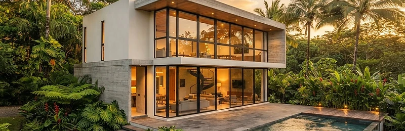 Vivienda moderna con ventanales de aluminio y vidrio de piso a techo