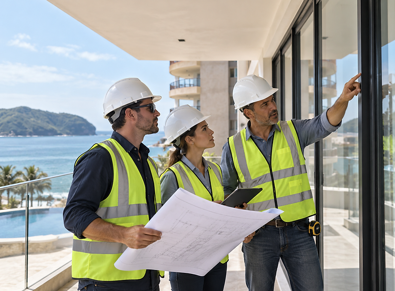Profesionales de la construcción coordinando proyecto de vidrio y aluminio en obra costera