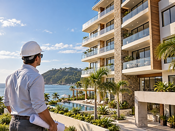 Desarrollador inmobiliario supervisando proyecto residencial costero