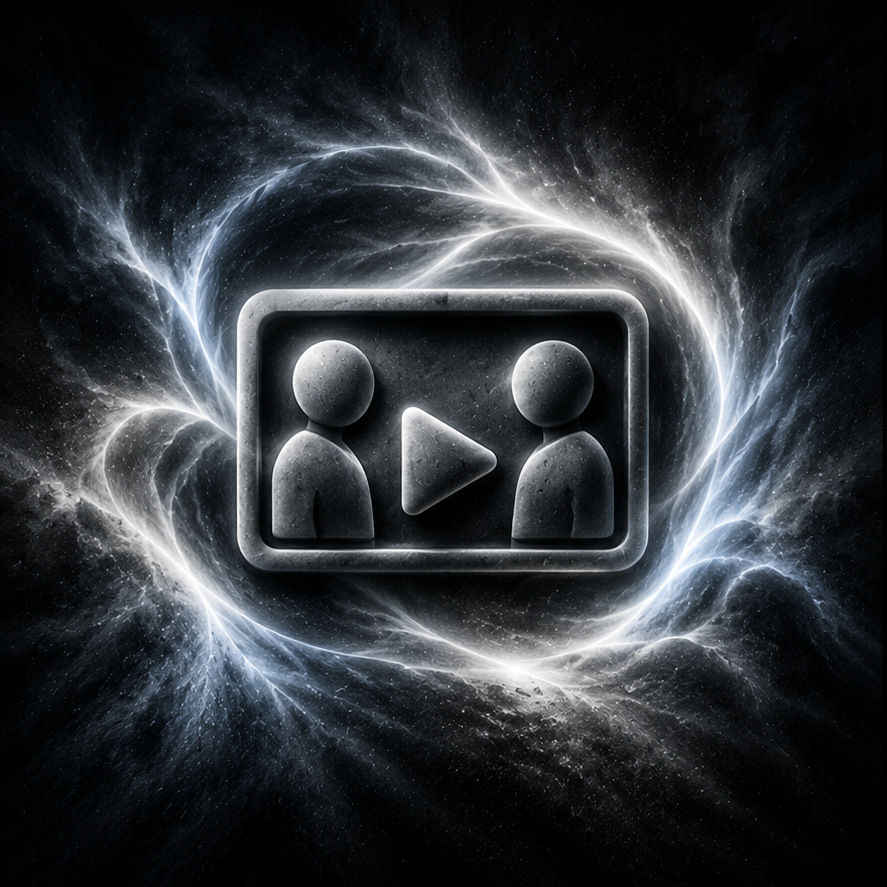 Frosted interview window with two participants and a play symbol