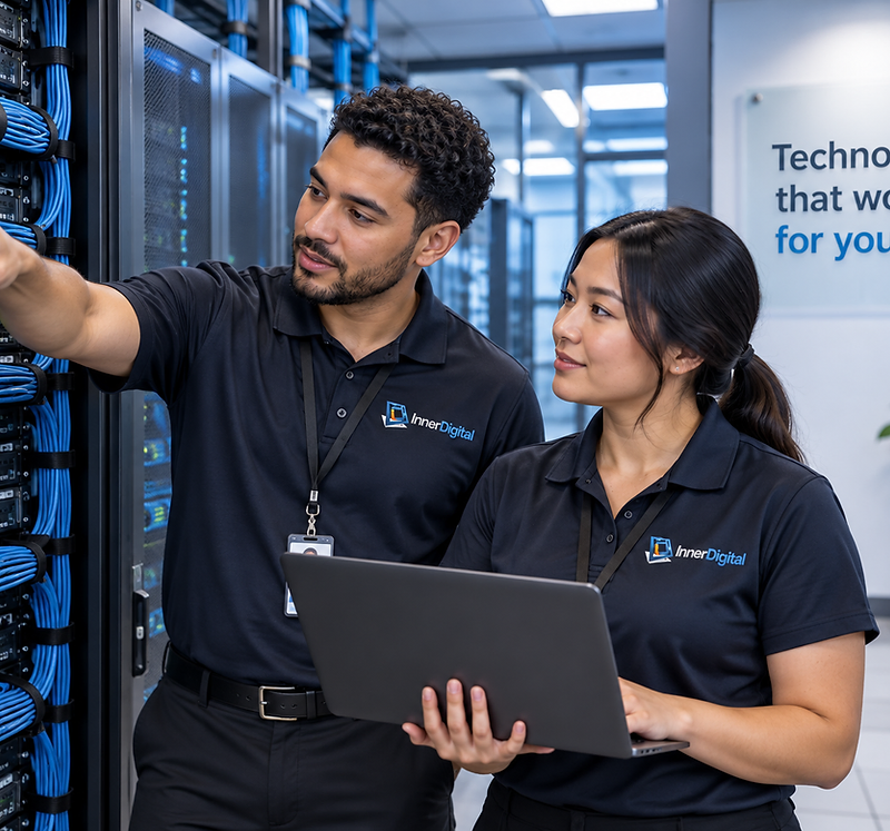 InnerDigital engineers collaborating in a server room
