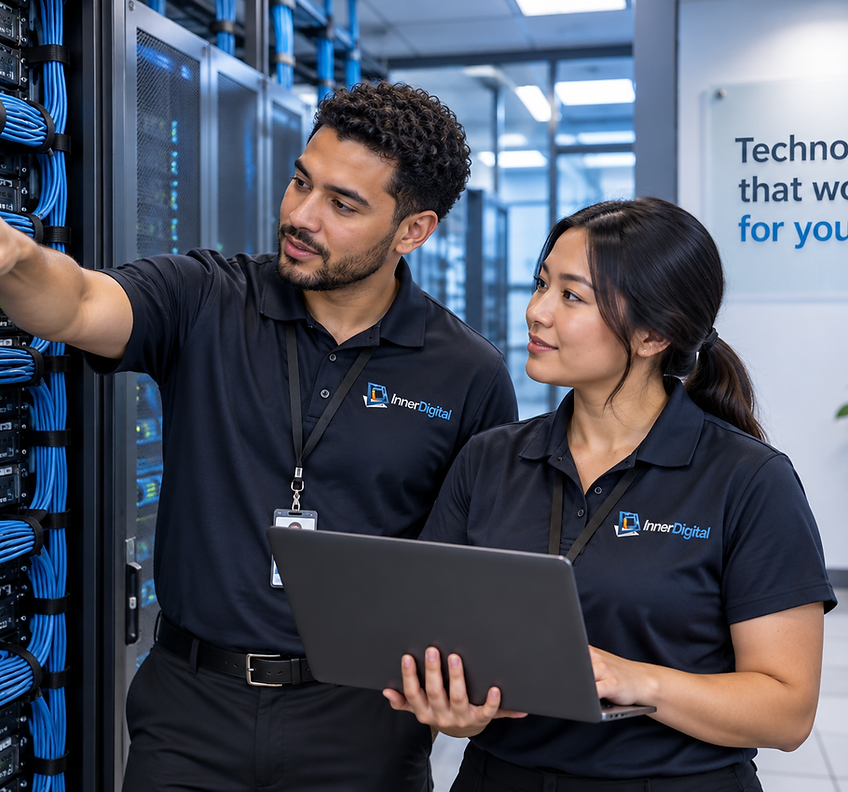 InnerDigital engineers collaborating in a server room