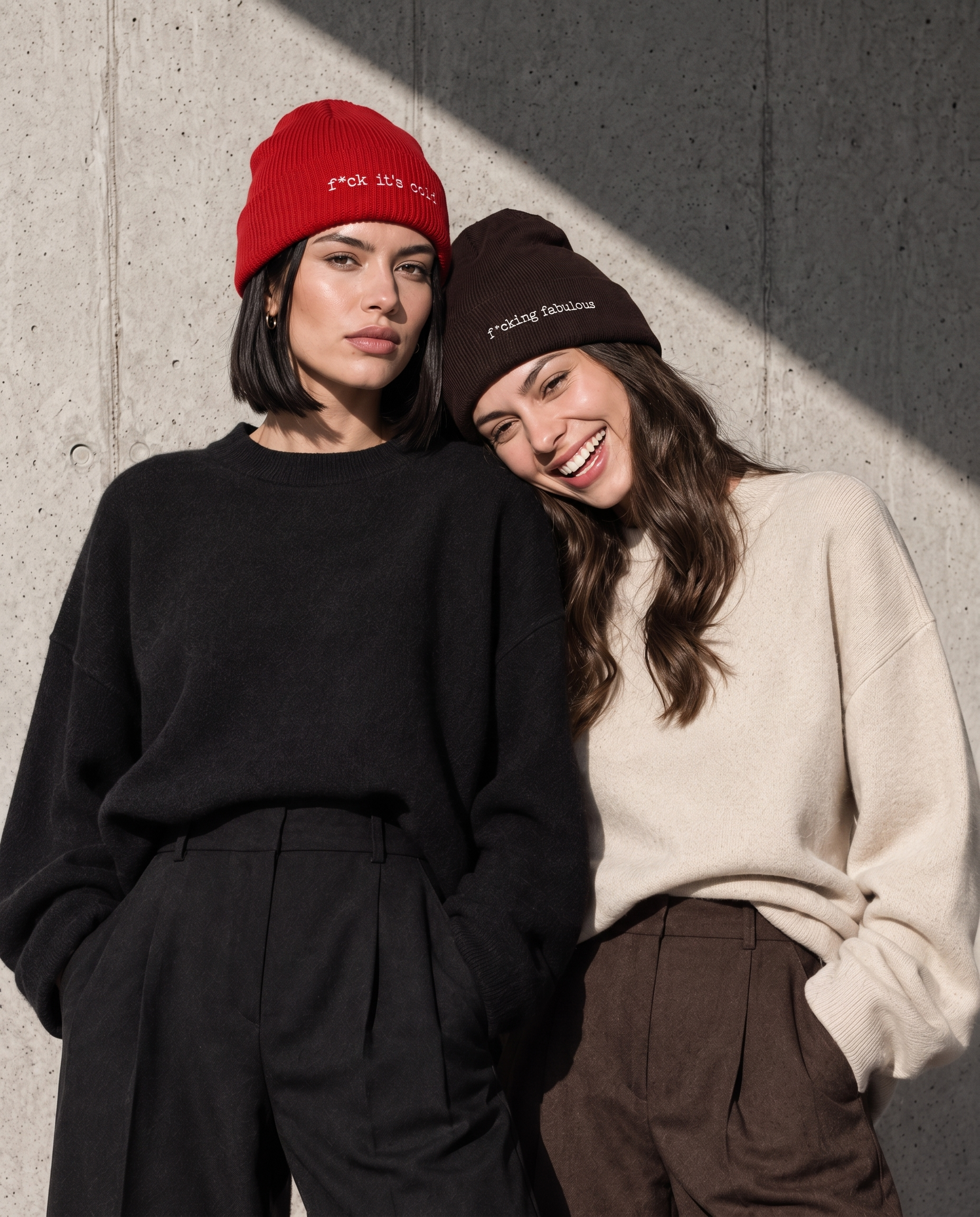 Two women wearing MISO No Filter beanies
