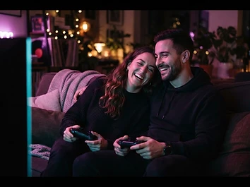 A couple laughing while gaming together on the couch