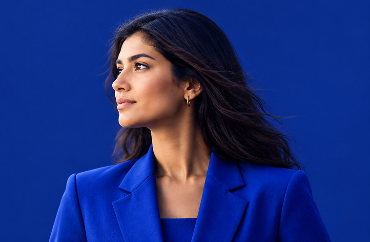 Portrait of a woman in a royal blue suit representing Auliq