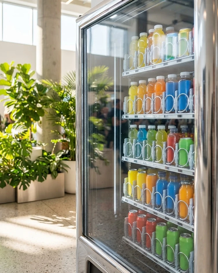 Modern vending machine glass panel reflecting a bright South Florida office lobby
