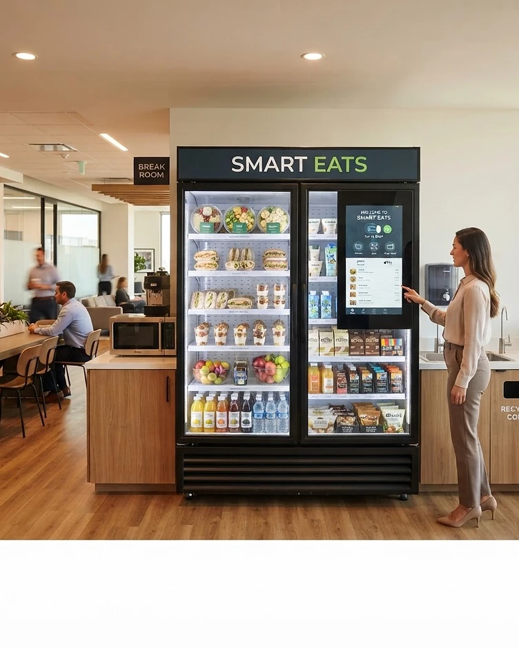 AI-powered micro market smart cooler stocked with fresh food and beverages