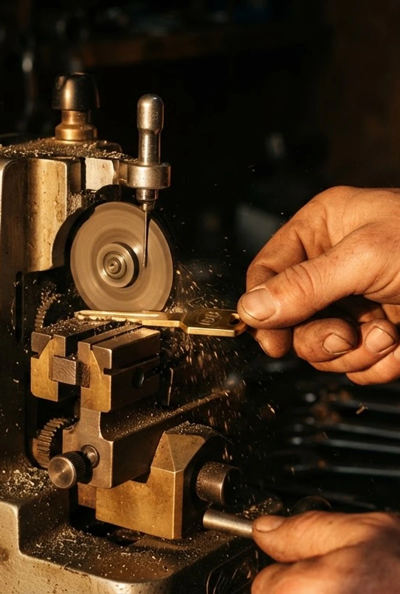 DFW Key Master locksmith precision-cutting a car key at the Grand Prairie, TX dispatch HQ