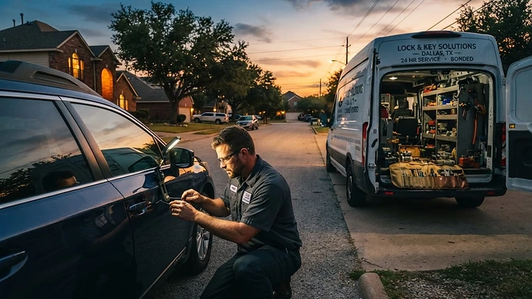 DFW Key Master mobile locksmith technician working on a car door lock at dusk in Irving, TX