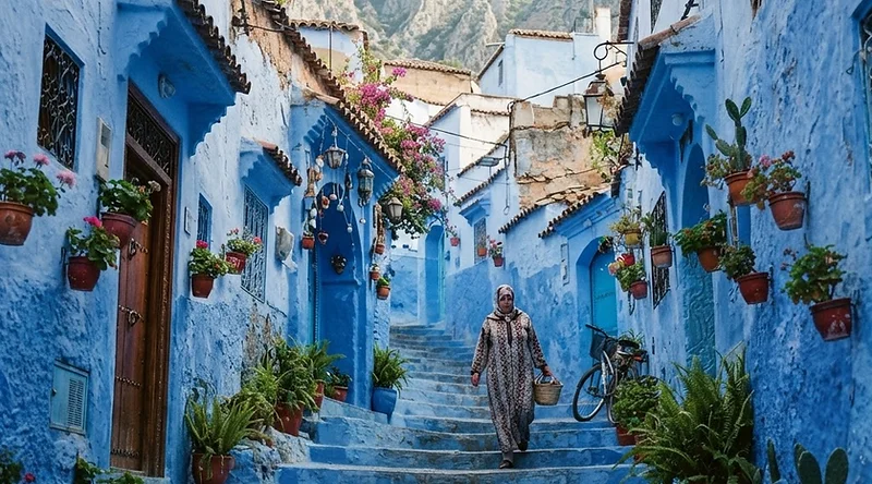Blue-painted streets of Chefchaouen in the Rif Mountains