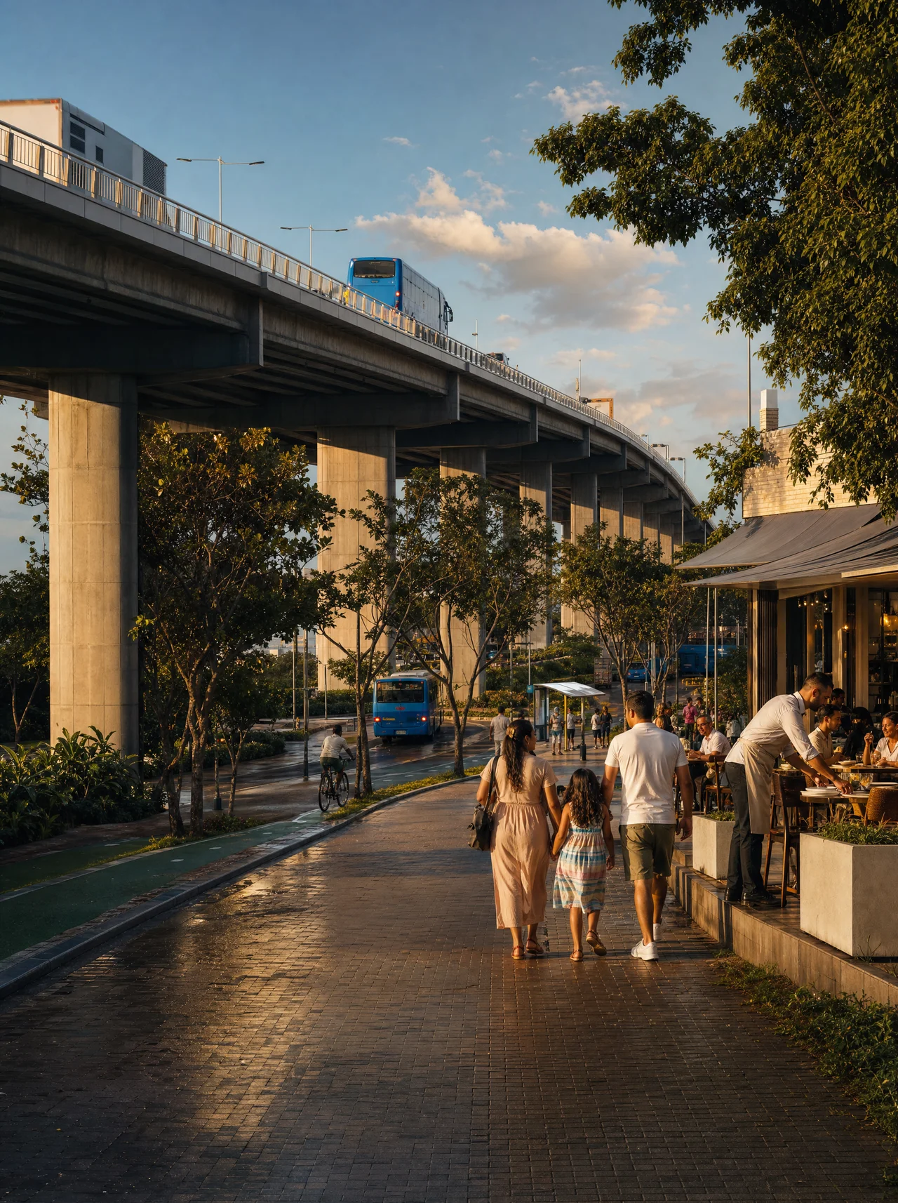 Paseo urbano con puente elevado al atardecer