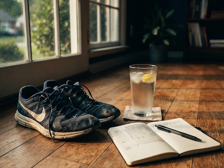 Running shoes, water, and a habit journal in golden morning light — the small behaviors behind lasting change