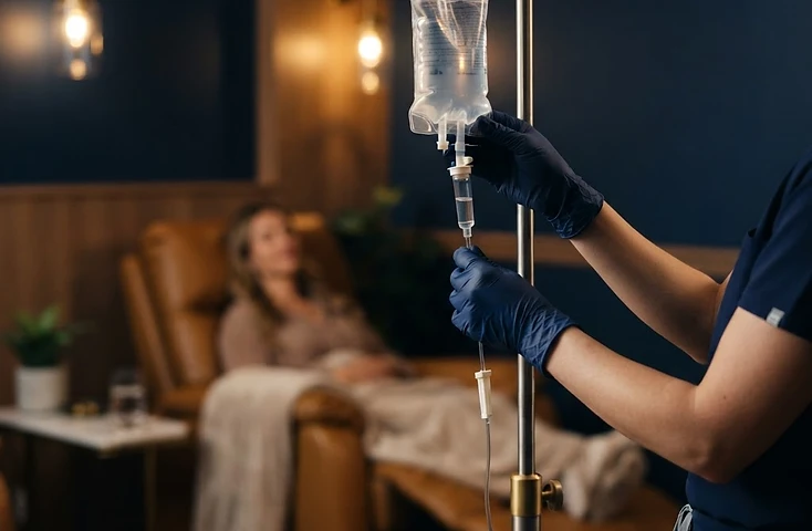 A Summit Elite clinician preparing an IV drip in the wellness lounge