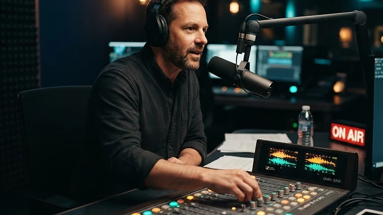 Broadcaster wearing headphones at a radio studio desk