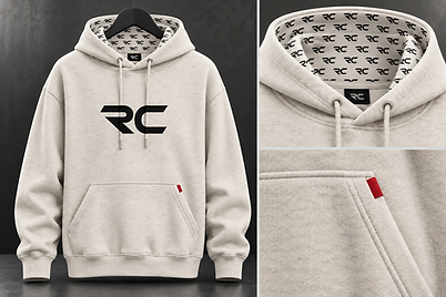Pale heather RaceCraft hoodie with black VIBE RC chest monogram, matching RC hood lining and red pocket tab