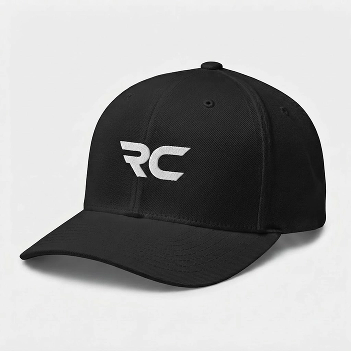 RaceCraft black fitted cap with white RC embroidery and curved brim
