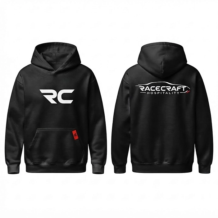Black Circuit Hoodie, front RC monogram and back RaceCraft branding, plain hood and LZI Red fabric labels