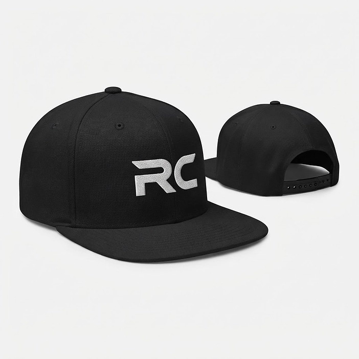 High-resolution RaceCraft black snap-back cap artwork, front and adjustable back views