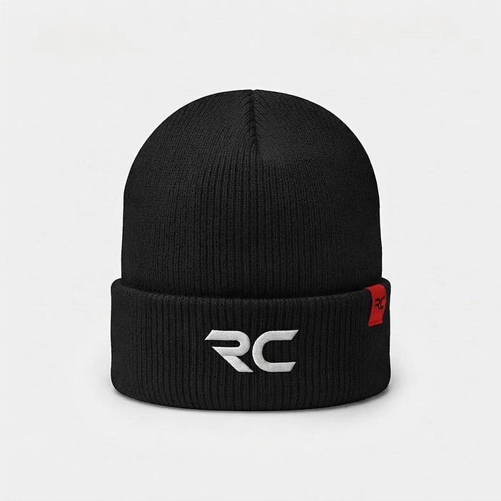 Standalone black RC rib-knit beanie with white embroidery and red side tab