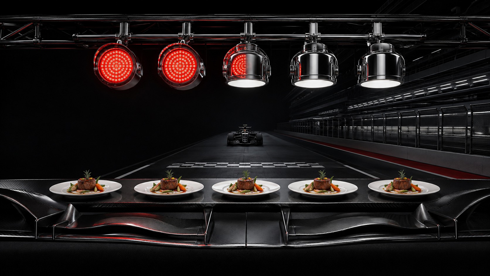 Five start lights over plated dishes at the start line, a race car on the grid behind