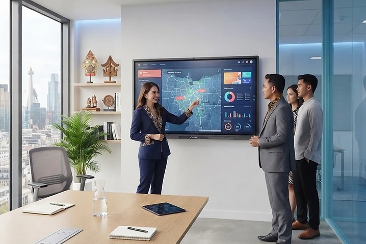Smart board interaktif PLN Icon Plus di ruang rapat modern