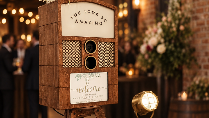 Close-up of a handcrafted vintage walnut photo booth with brass hardware