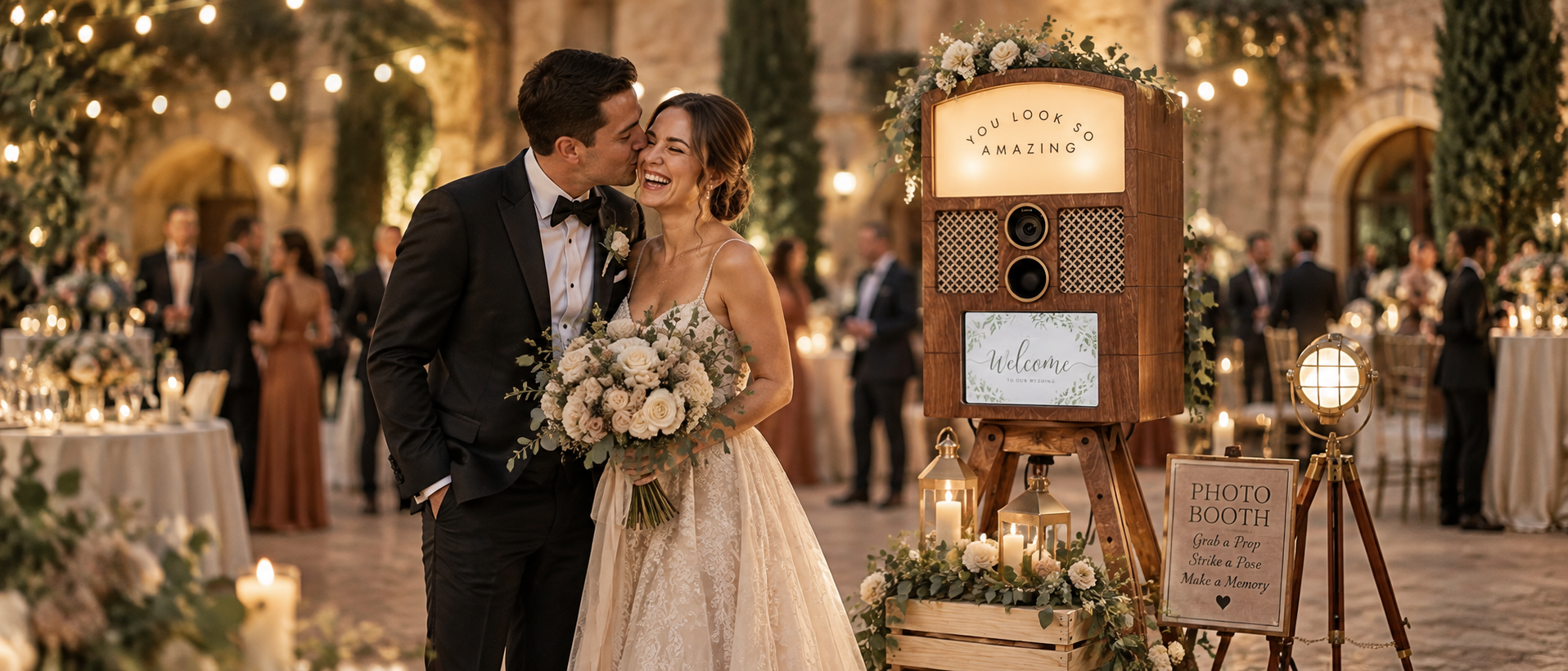 Vintage wedding celebration with a luxury wooden photo booth at golden hour