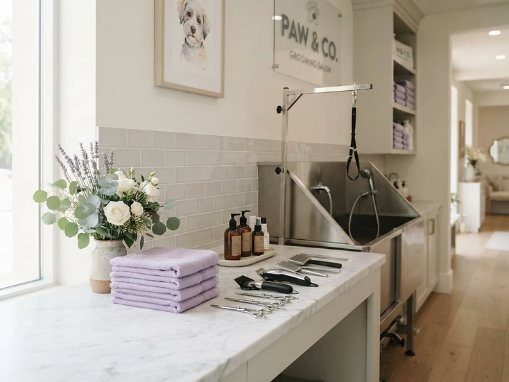 Clean modern dog grooming station in Tampa with lavender towels