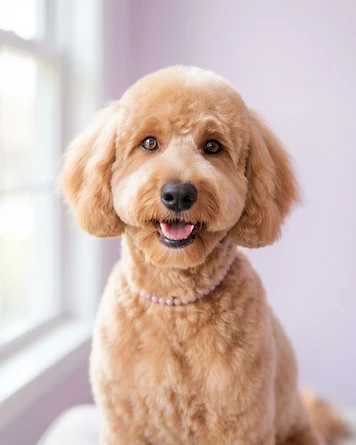 Freshly groomed Goldendoodle teddy bear cut