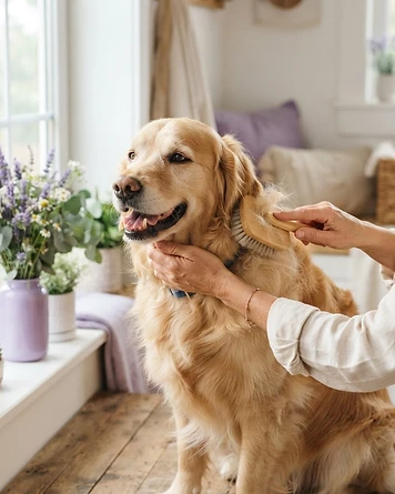 Golden retriever being brushed