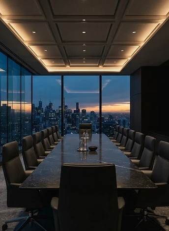 A quiet executive boardroom overlooking the city at dusk