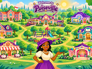 Miss Poise standing beside the Poiseville School, holding her book Manners Matter