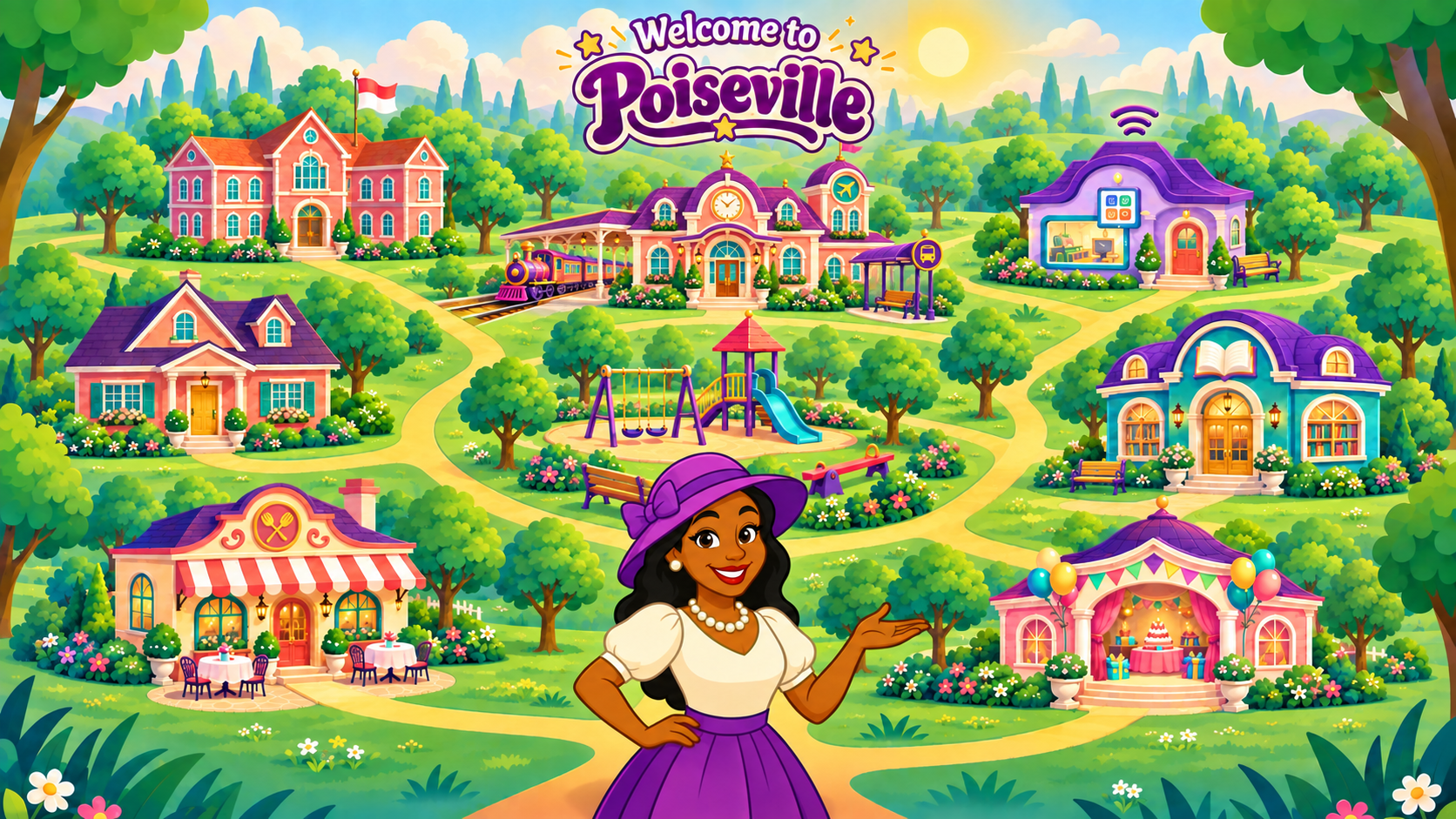 Illustrated map of the Town of Poiseville, with Miss Poise standing in the town square