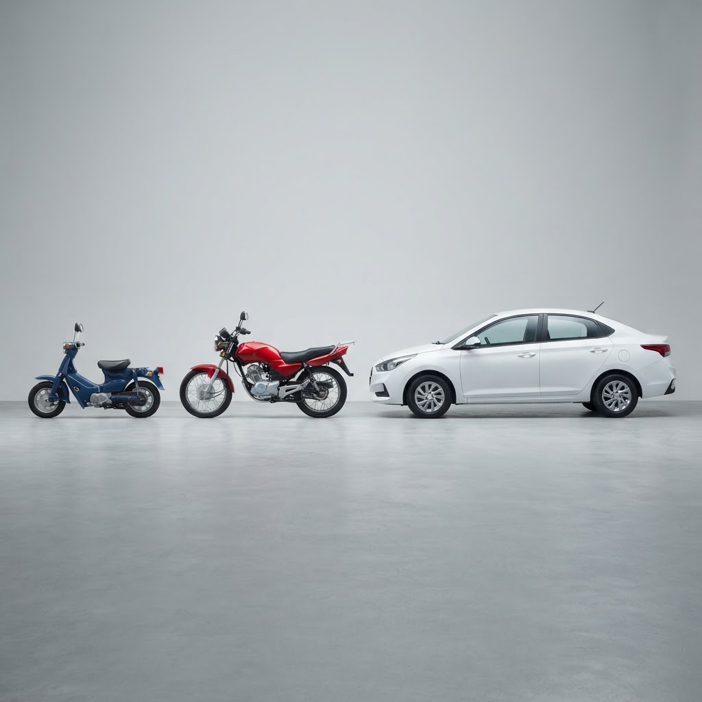 A small scooter, a larger motorcycle, and a car shown side by side to illustrate different vehicle categories