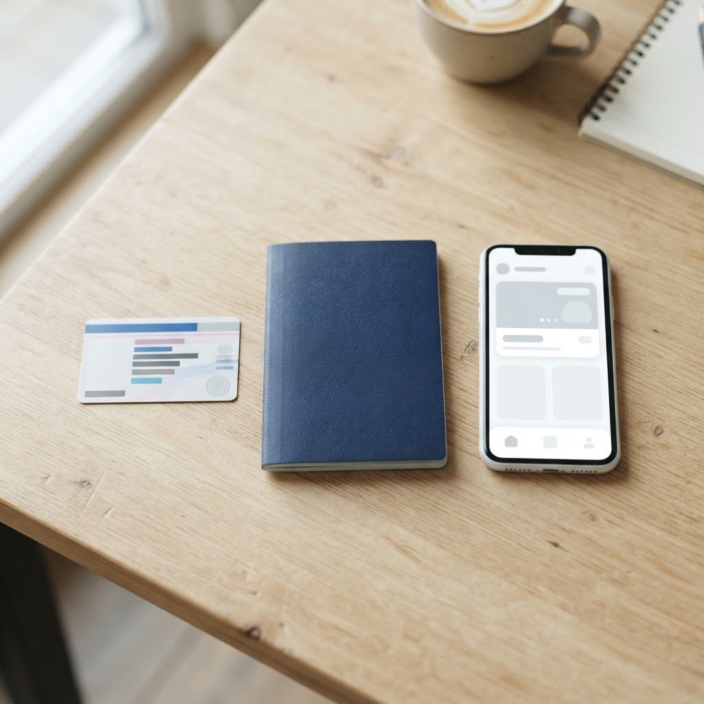 Driving-related documents including a passport, a smartphone with a generic app interface, and a plain card resembling a driver's license