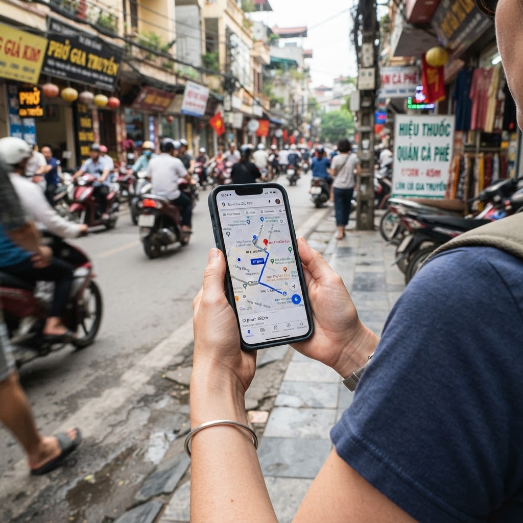 Tourist using a smartphone navigation map while walking on a Vietnamese sidewalk