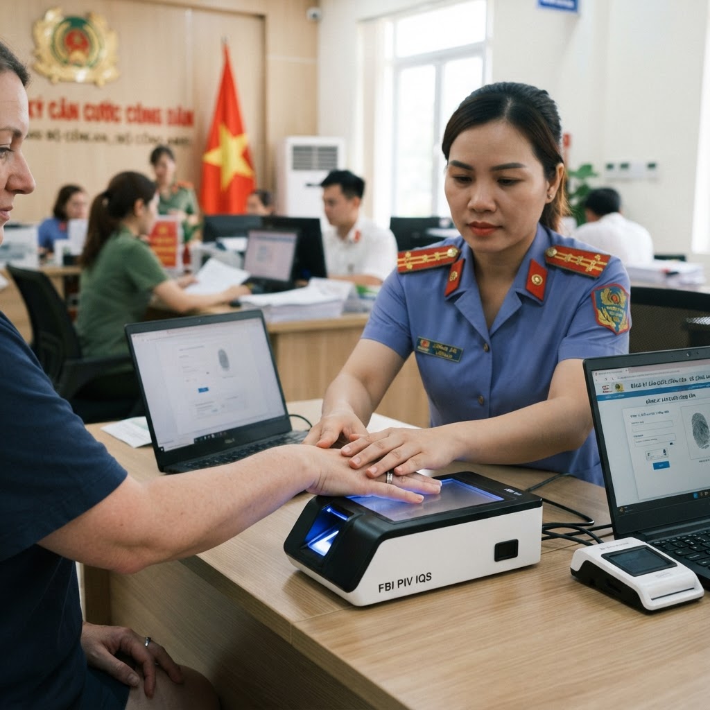Foreign resident providing fingerprints during Vietnam eID registration under Decree 320/2026
