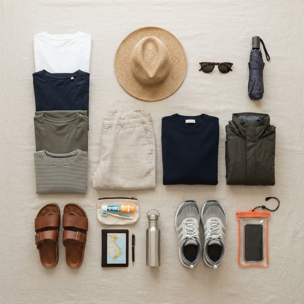 Flat lay of a Vietnam packing list: lightweight shirts, breathable trousers, a sweater, a compact rain jacket, sandals, walking shoes, a sun hat, sunglasses, an umbrella, and a waterproof phone pouch