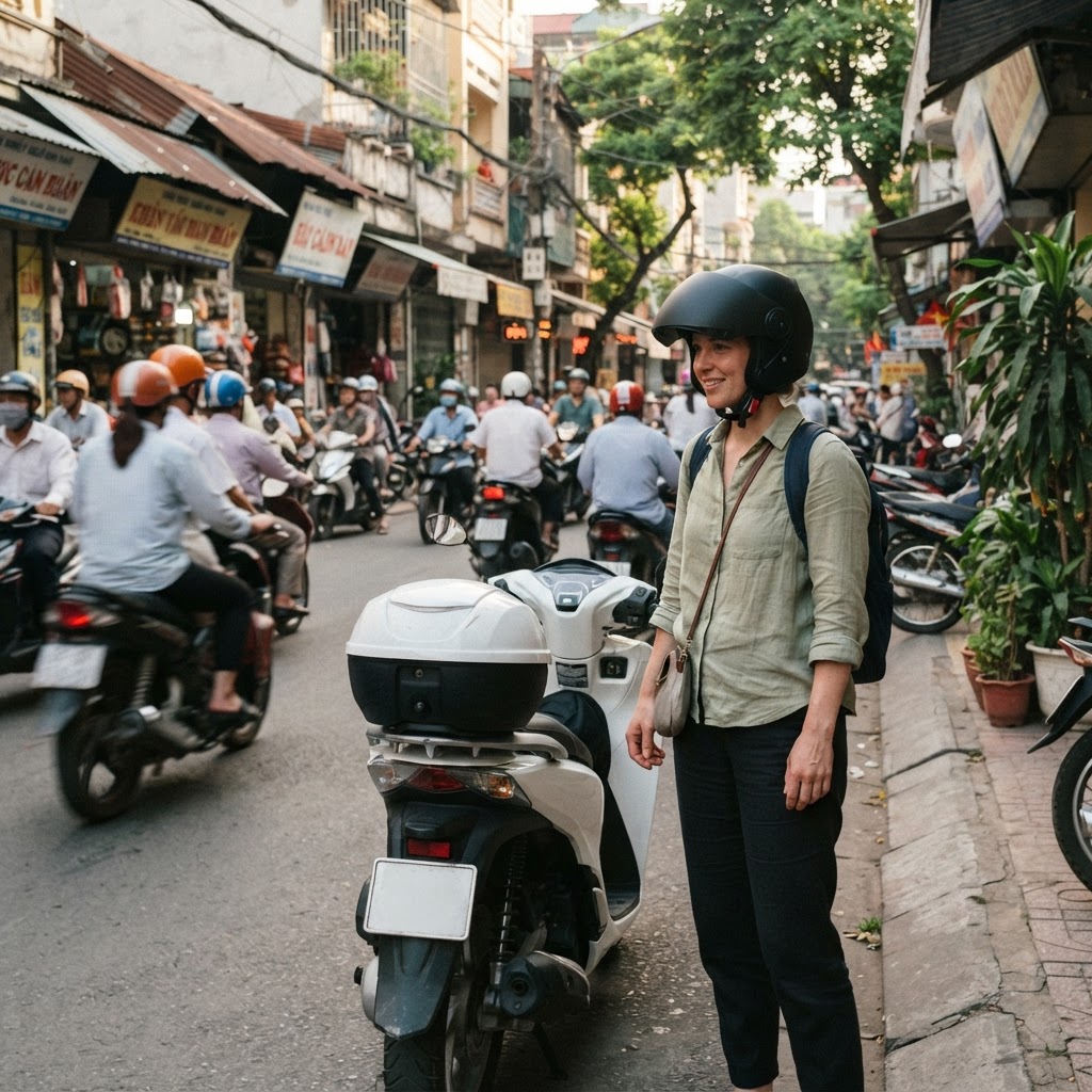 A foreign adult wearing a properly fastened helmet standing beside a modern scooter on a Vietnamese city street