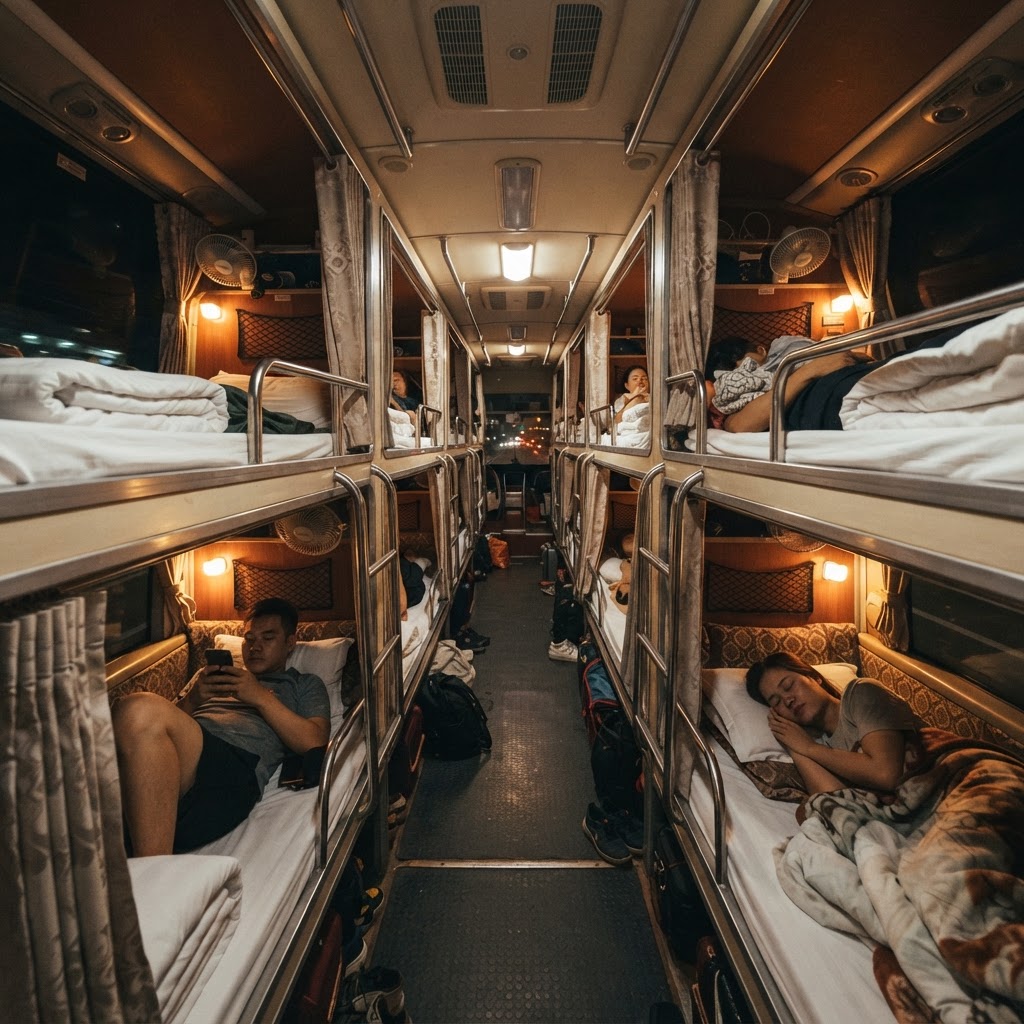 Inside a Vietnam sleeper bus showing sleeping berths