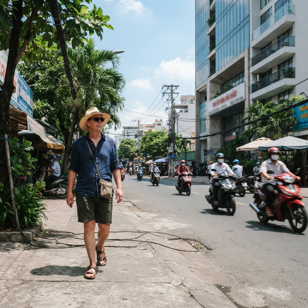 A person wearing a lightweight breathable shirt, shorts, sandals, sun hat, and sunglasses walking in Ho Chi Minh City on a bright sunny day