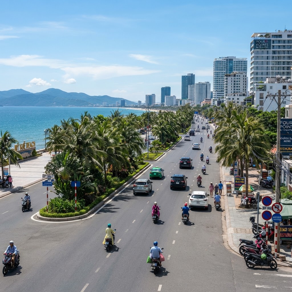 Wide boulevard in Da Nang, Vietnam with palm trees and moderate traffic near the coast