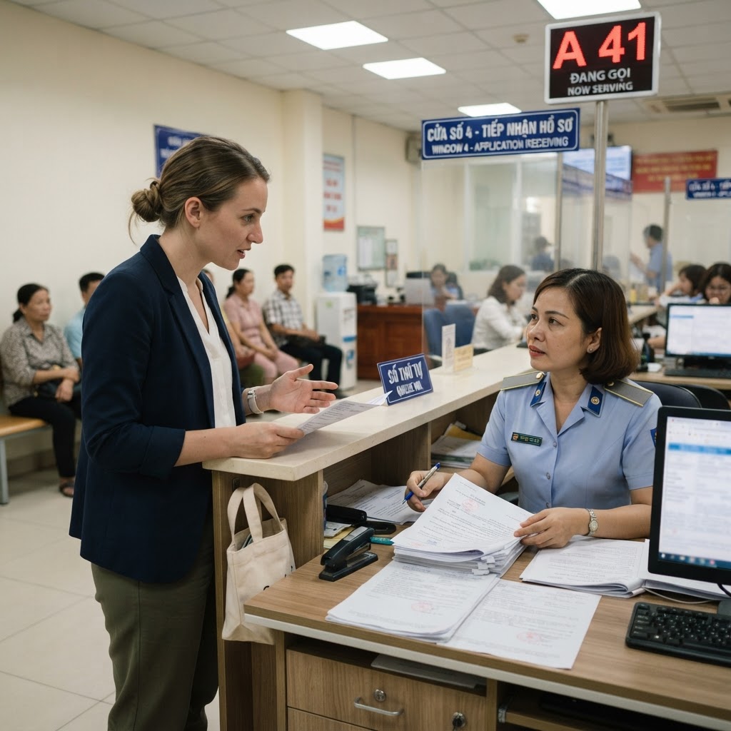A foreign resident at a Vietnamese licensing office asking an official about driver's license application requirements
