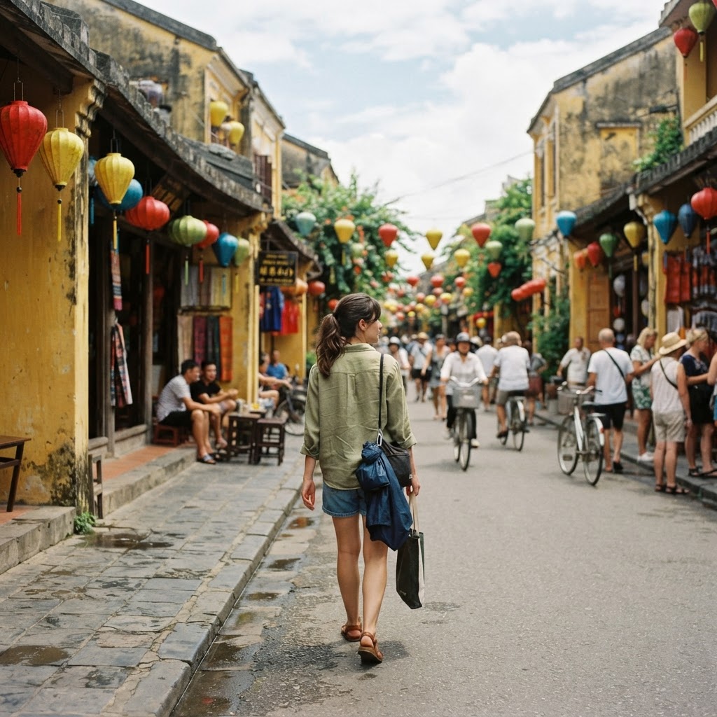 A person wearing a lightweight breathable cotton shirt, shorts, and sandals carrying a compact rain poncho in Hoi An's ancient town on a warm humid day